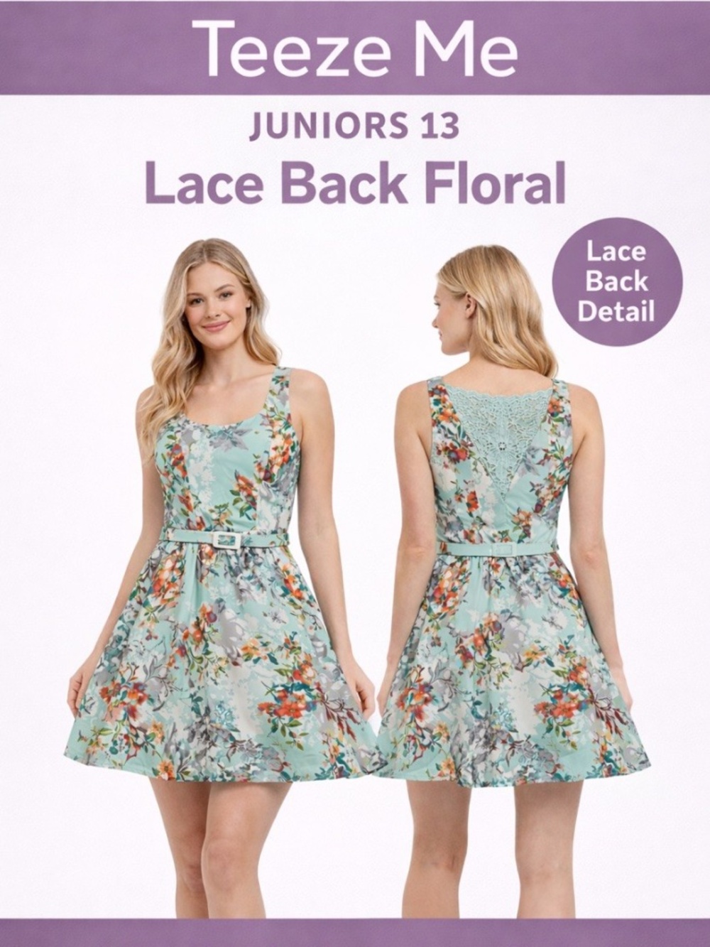 NWT Teeze Me Juniors Lace Back Sleeveless Fit&Flare Floral Dress in Mint 13/14 - Picture 3 of 16